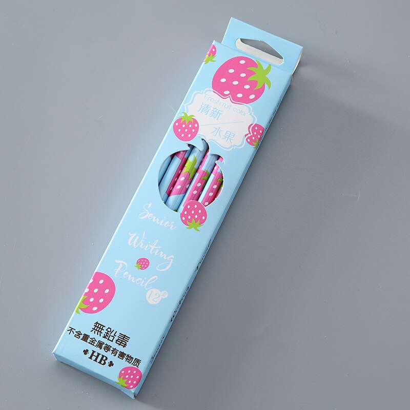 귀여운 어린이 문구 연필, 과일 연필, 딸기 연필, 지우개 포함, 상자당 12 개